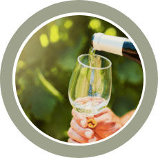 A hand pours sparkling wine into a champagne flute outdoors.